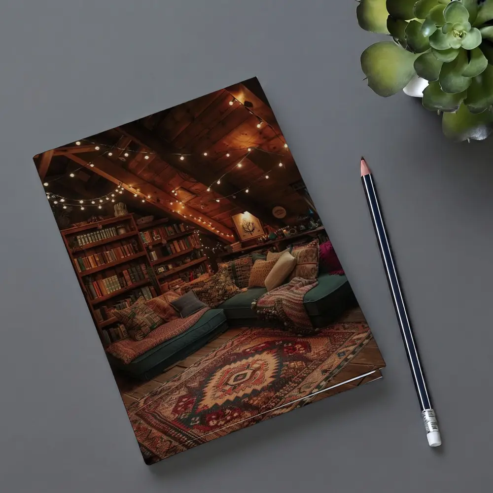 Cozy Bohemian Attic Reading Room String Lights – Notebooks