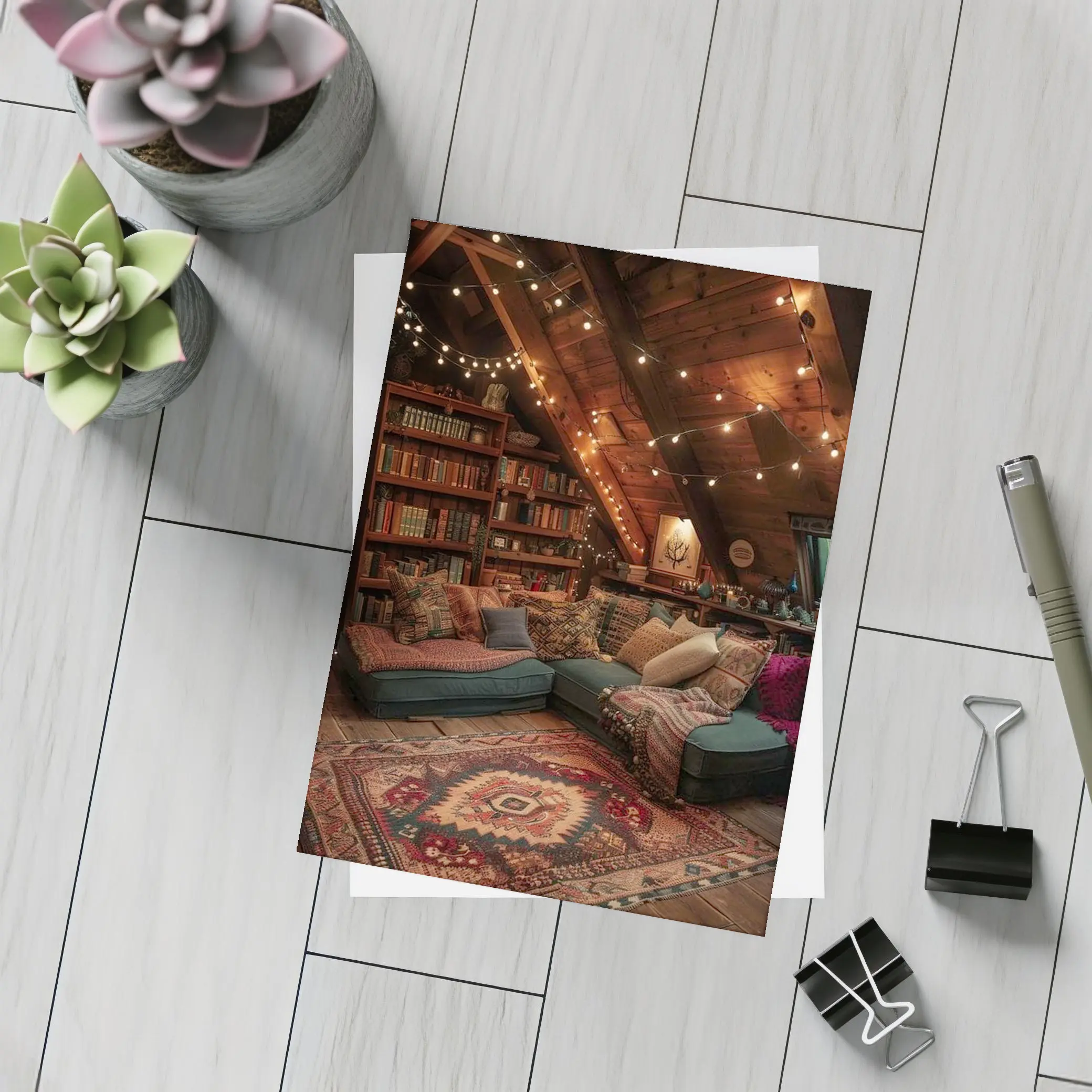 Cozy Bohemian Attic Reading Room String Lights – Postcards