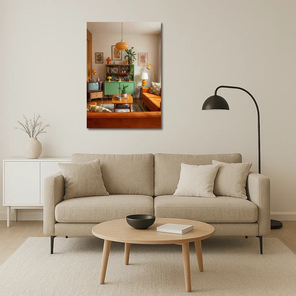 Retro Living Room Green Cabinet Orange Sofa – Wall Art