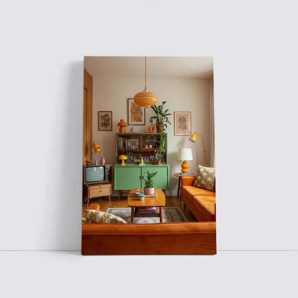 Retro Living Room Green Cabinet Orange Sofa – Wall Art