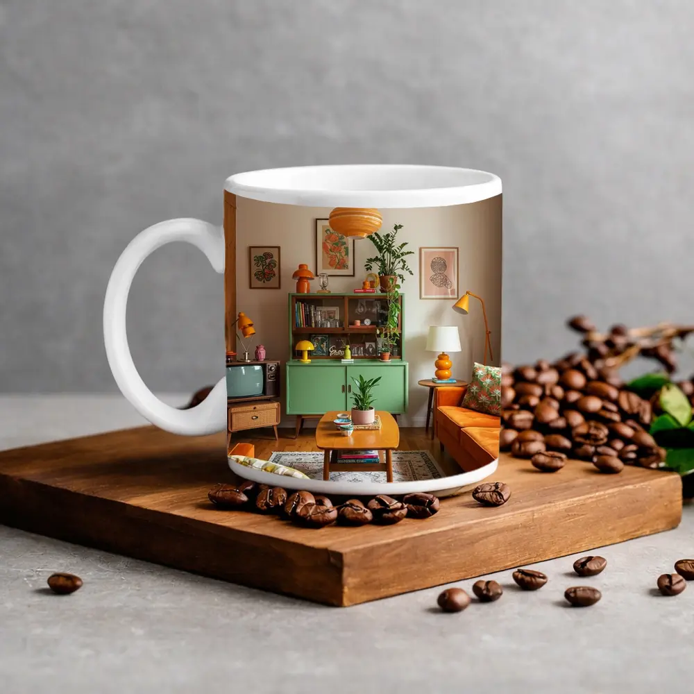 Retro Living Room Green Cabinet Orange Sofa – Mugs