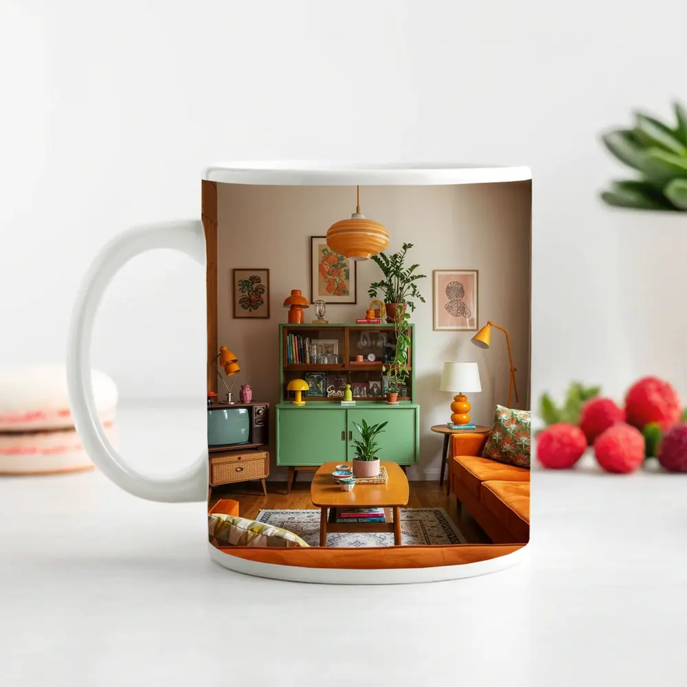 Retro Living Room Green Cabinet Orange Sofa – Mugs
