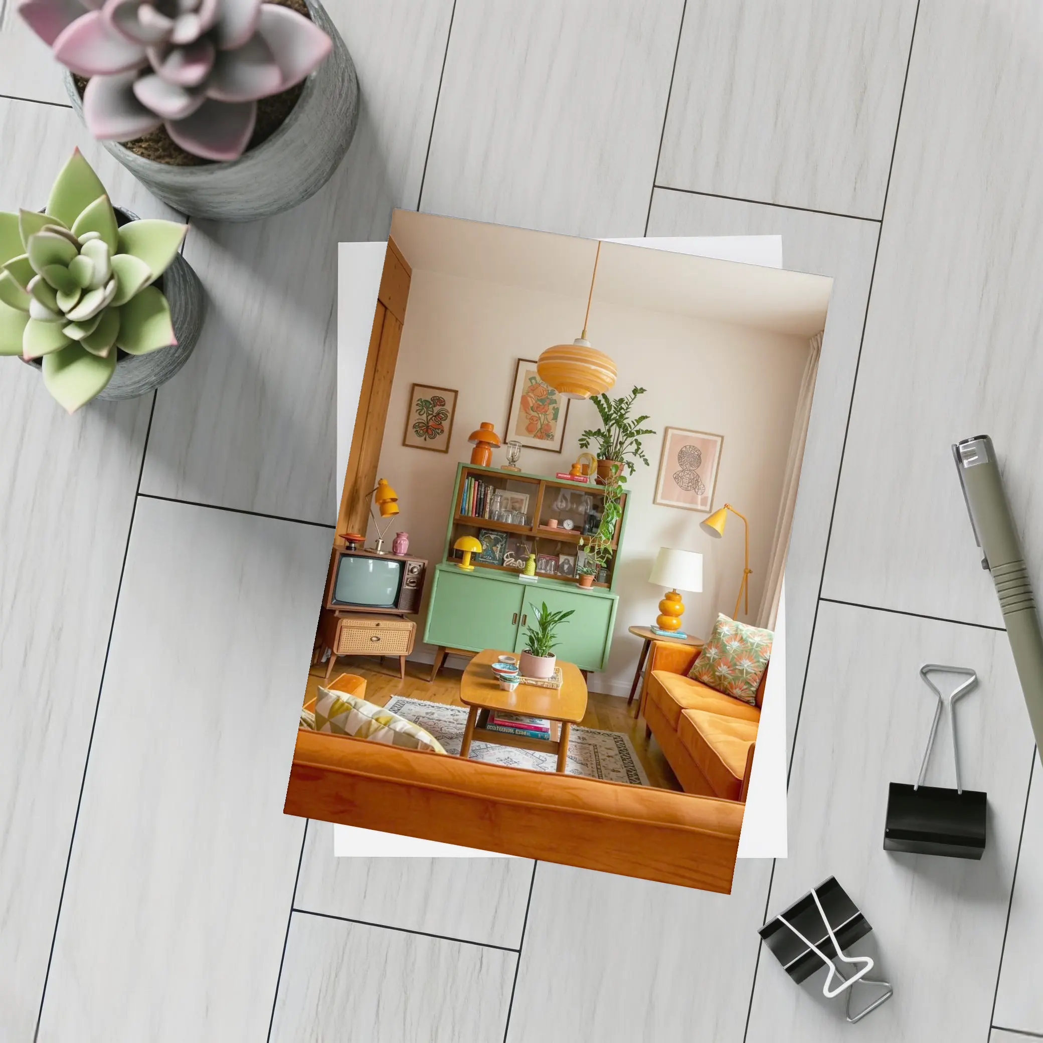 Retro Living Room Green Cabinet Orange Sofa – Postcards