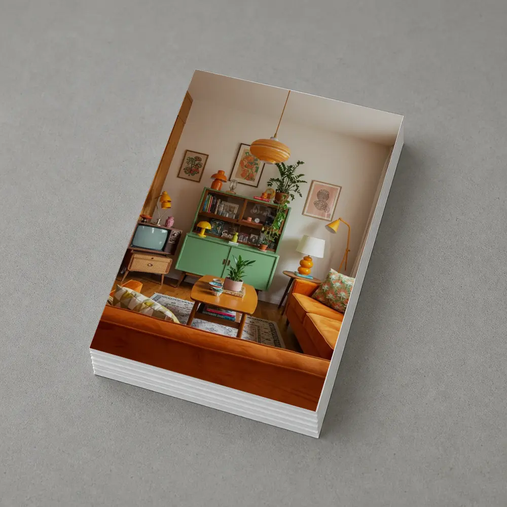 Retro Living Room Green Cabinet Orange Sofa – Postcards