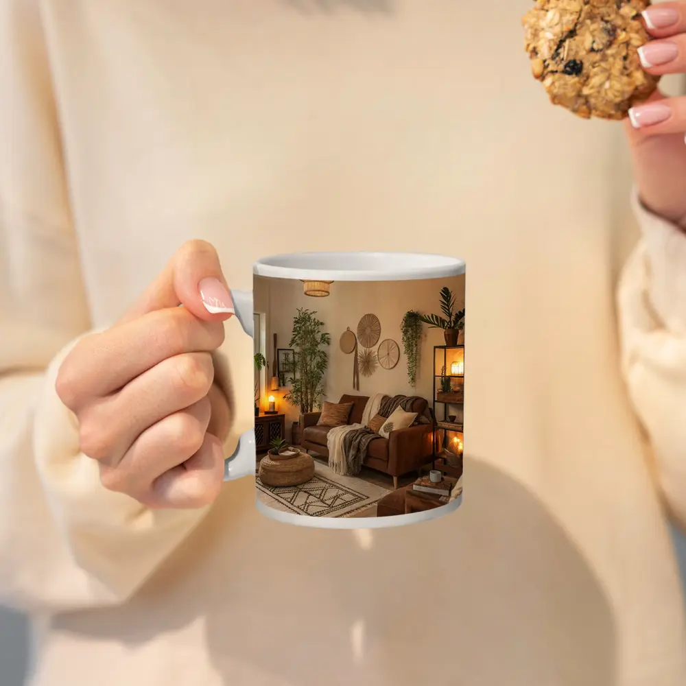 Boho Living Room Warm Brown Interior – Mugs