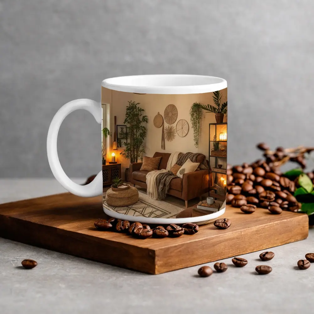 Boho Living Room Warm Brown Interior – Mugs