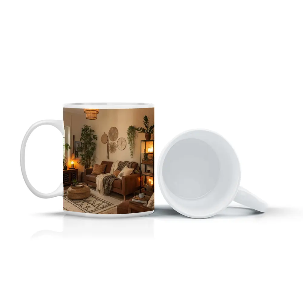 Boho Living Room Warm Brown Interior – Mugs