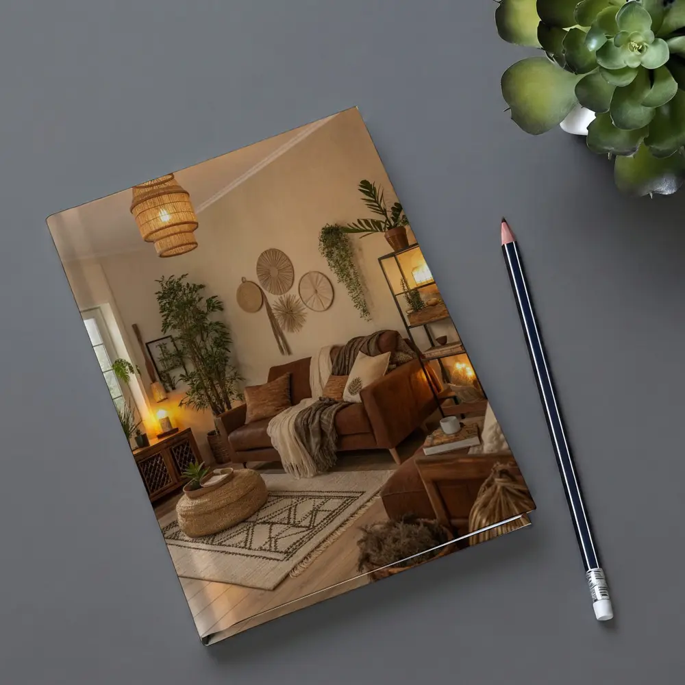 Boho Living Room Warm Brown Interior – Notebooks