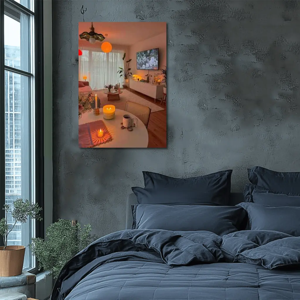 Cozy Living Room Warm Candlelight Evening Ambiance – Wall Art