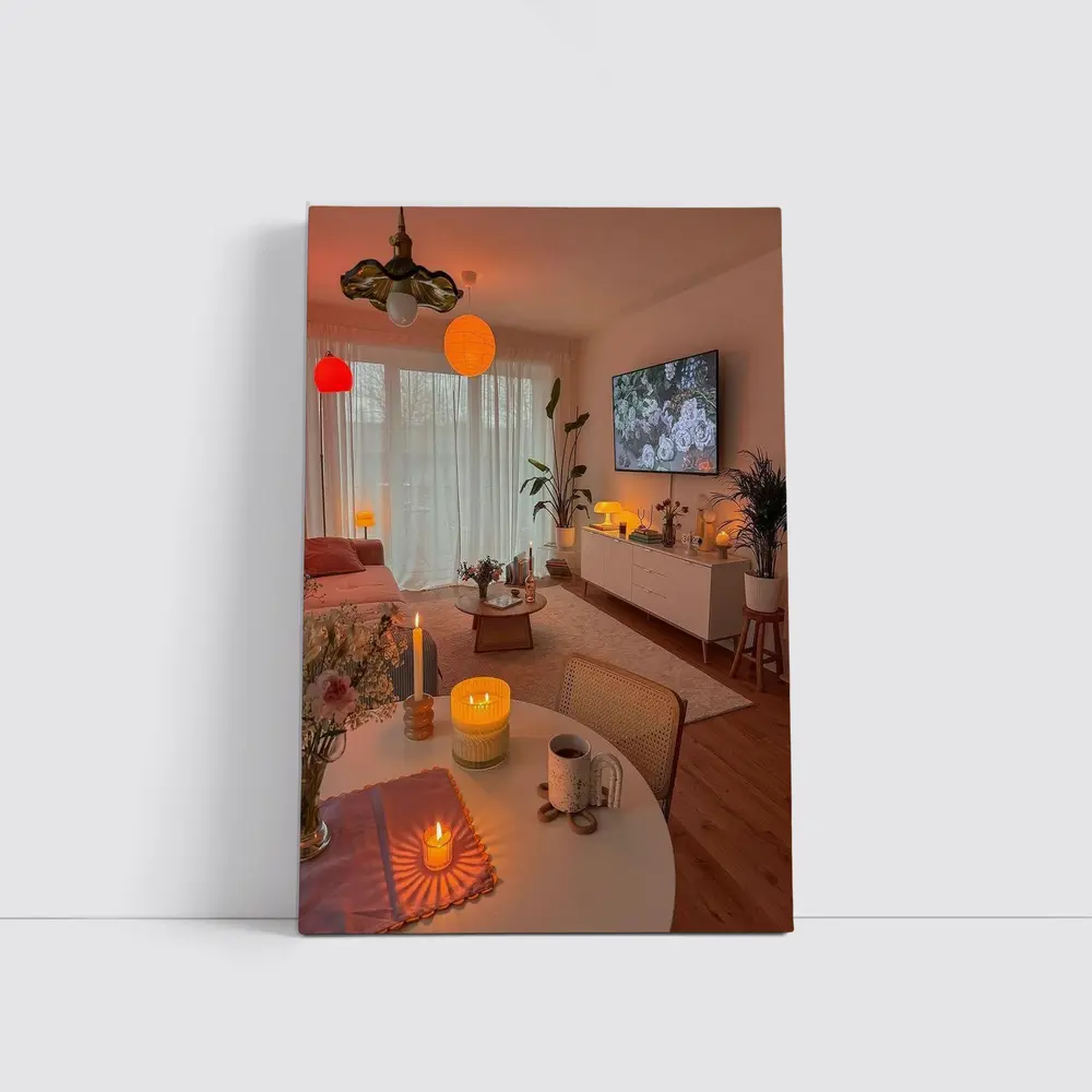 Cozy Living Room Warm Candlelight Evening Ambiance – Wall Art