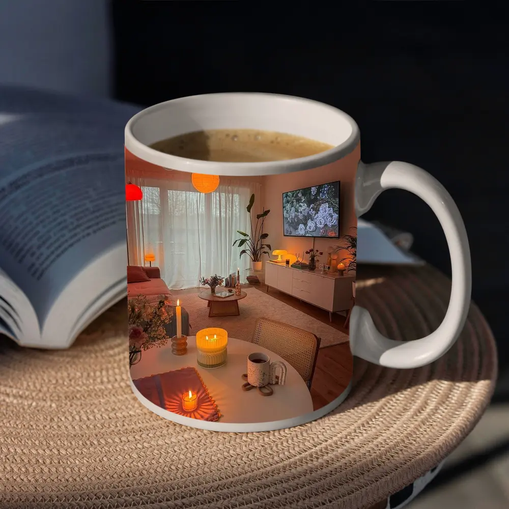 Cozy Living Room Warm Candlelight Evening Ambiance – Mugs