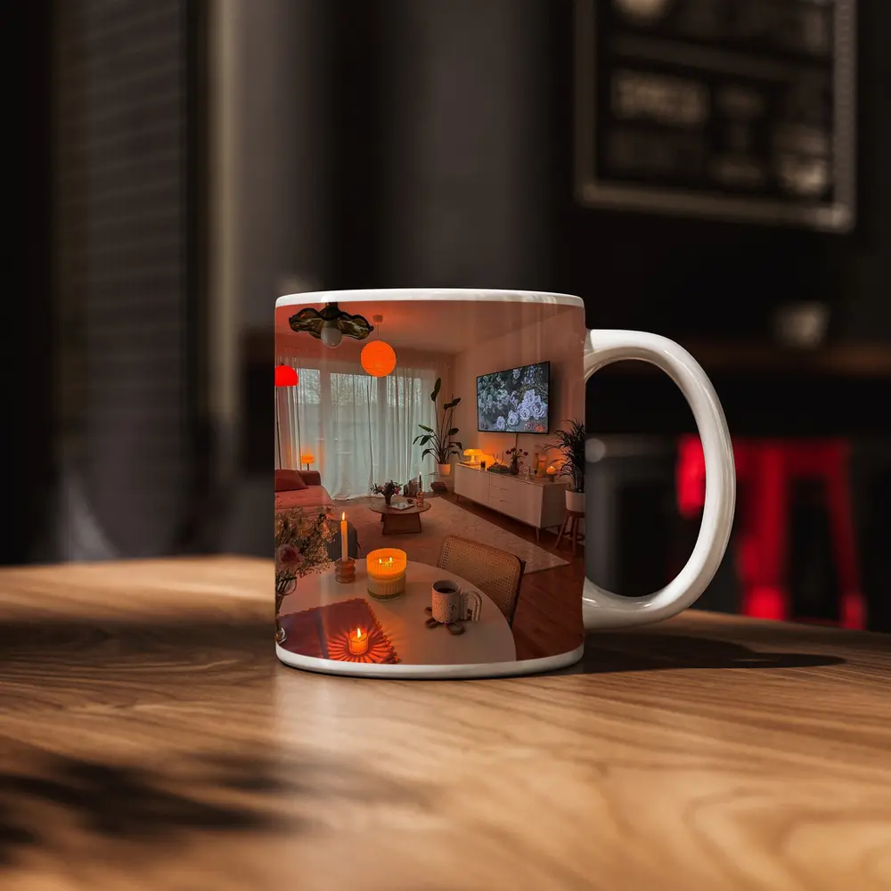 Cozy Living Room Warm Candlelight Evening Ambiance – Mugs