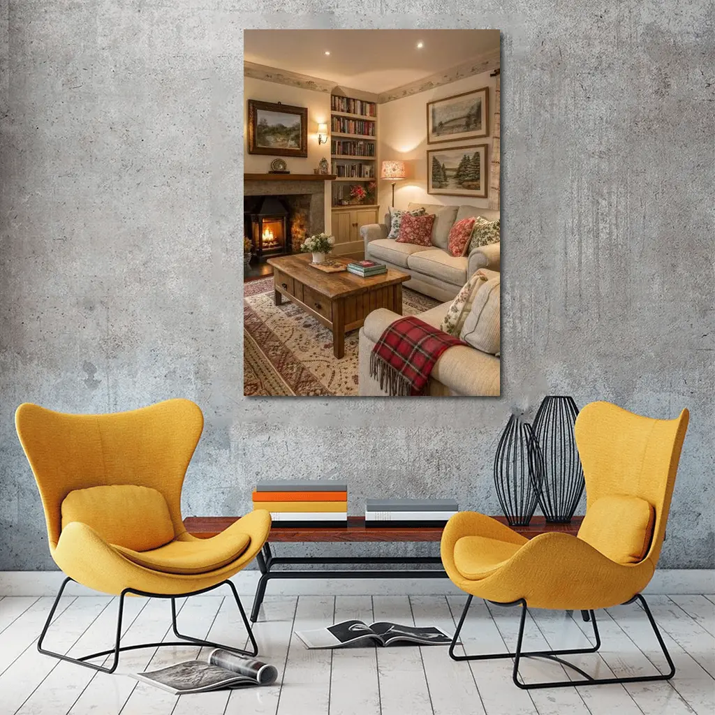Cozy Cottage Living Room Fireplace Interior – Wall Art