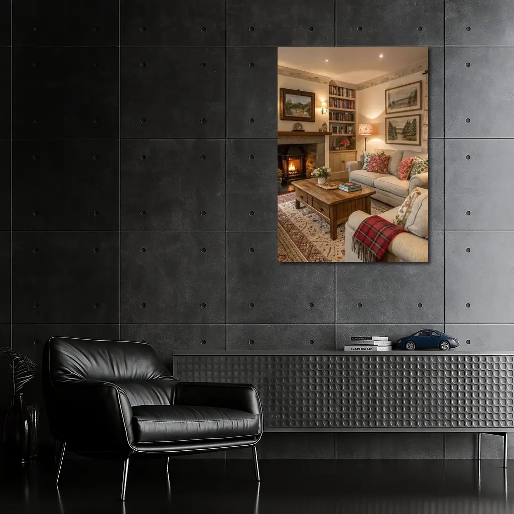Cozy Cottage Living Room Fireplace Interior – Wall Art
