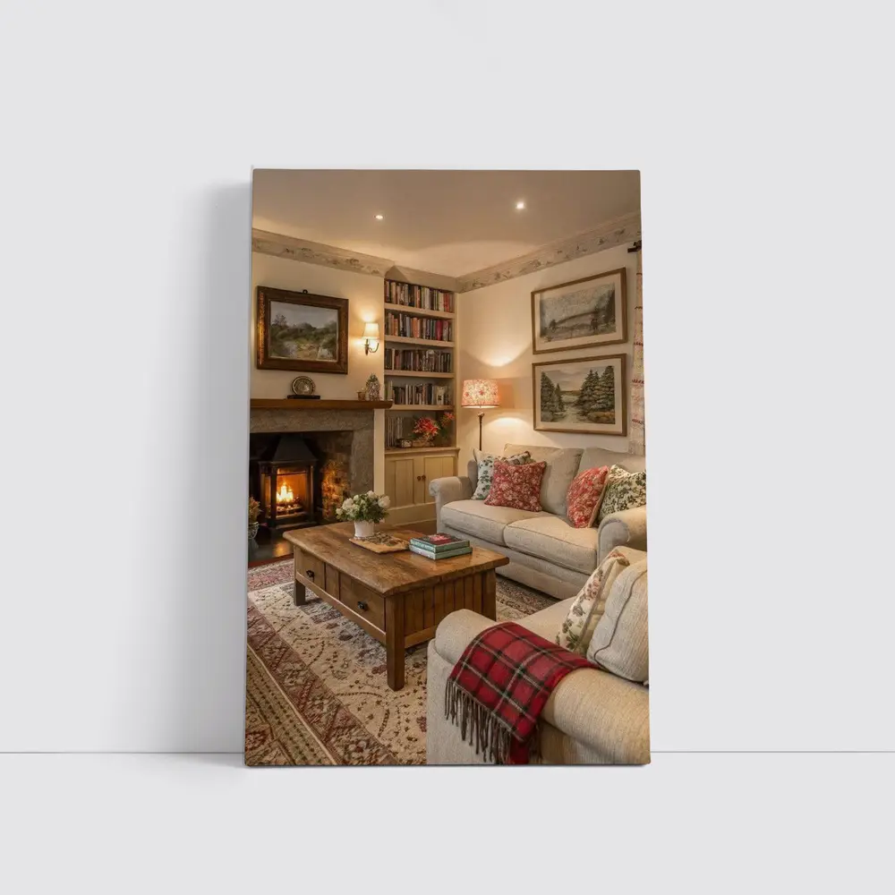 Cozy Cottage Living Room Fireplace Interior – Wall Art