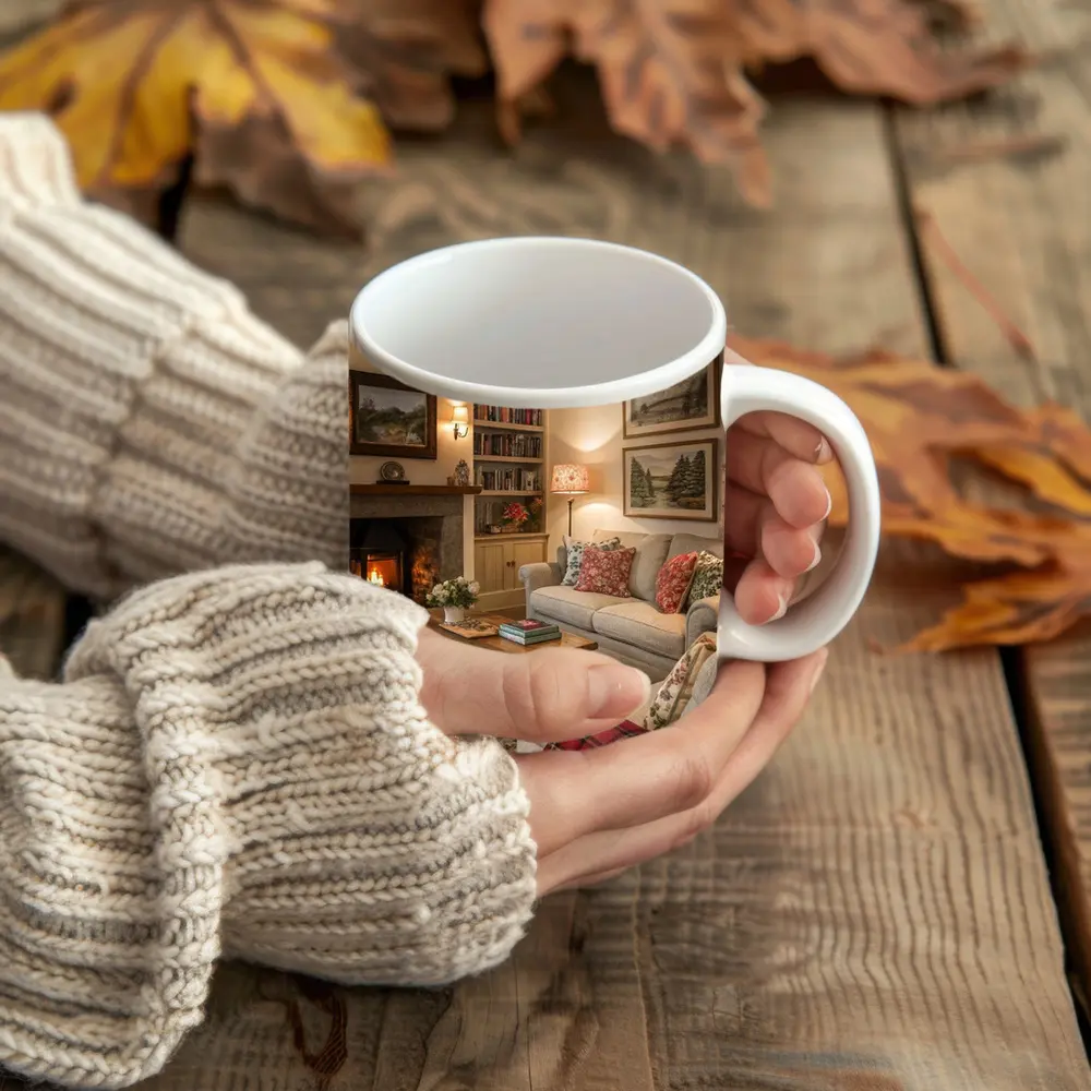 Cozy Cottage Living Room Fireplace Interior – Mugs