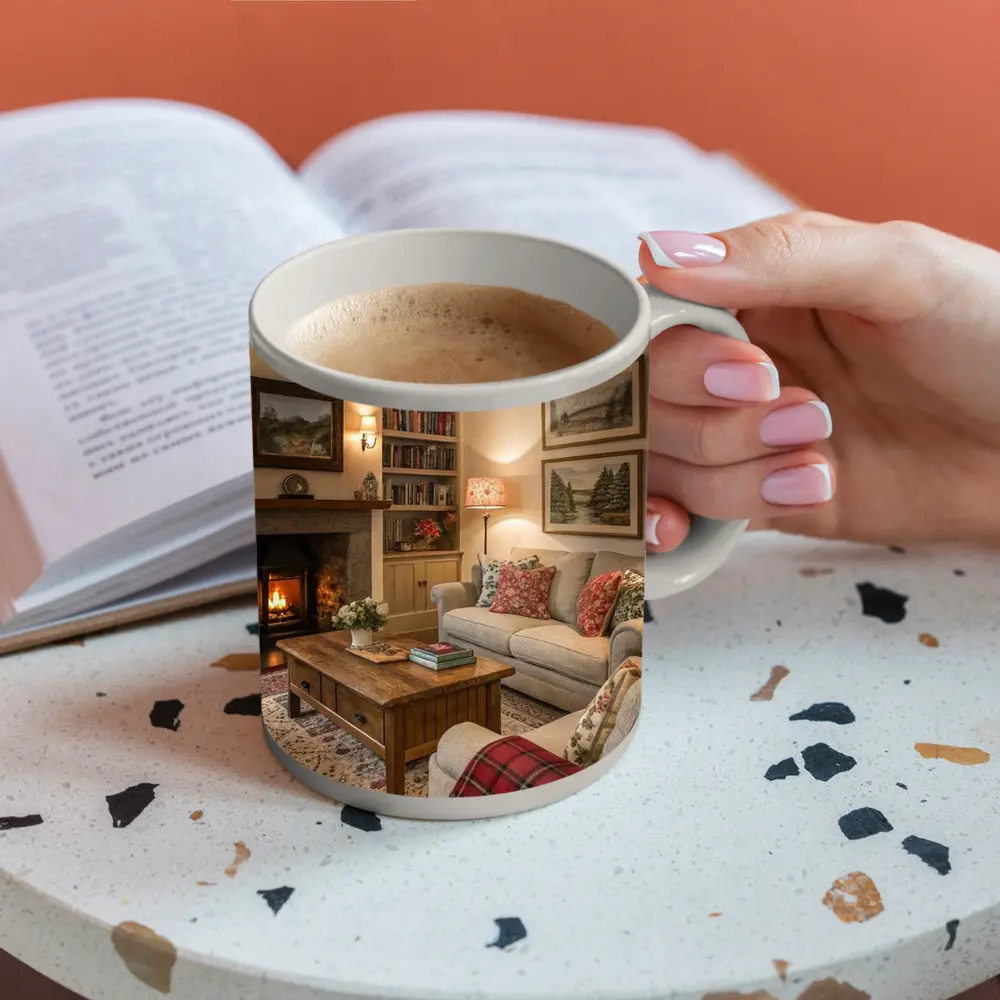 Cozy Cottage Living Room Fireplace Interior – Mugs