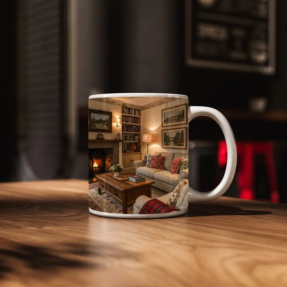 Cozy Cottage Living Room Fireplace Interior – Mugs