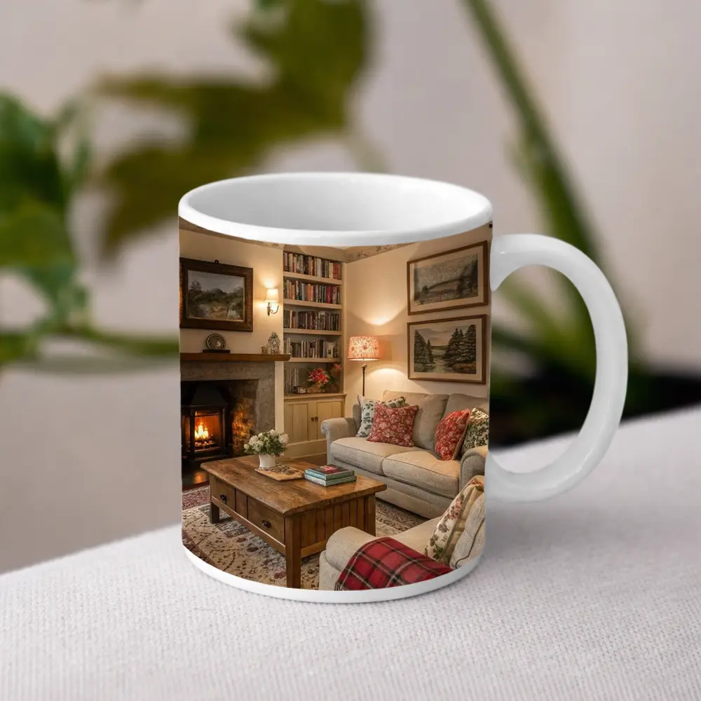 Cozy Cottage Living Room Fireplace Interior – Mugs