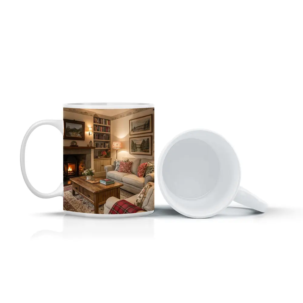 Cozy Cottage Living Room Fireplace Interior – Mugs