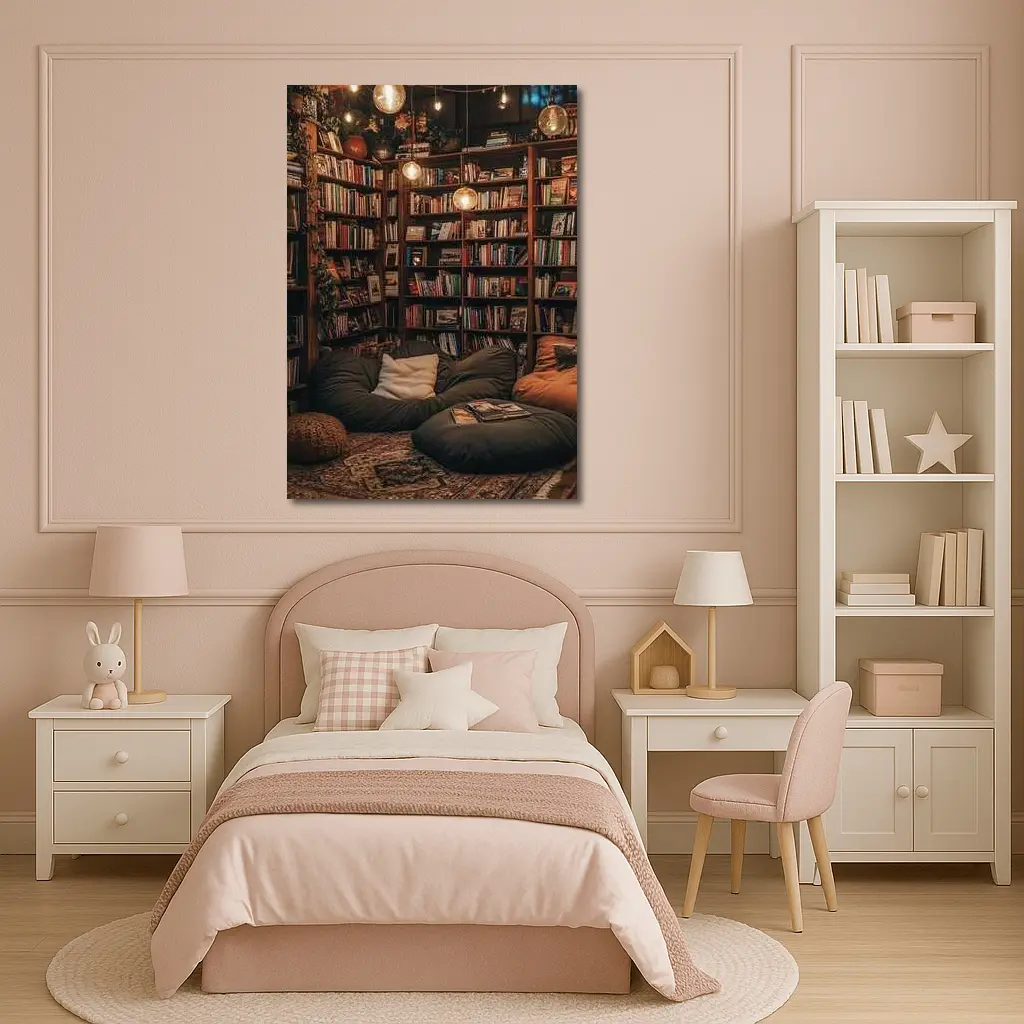 Cozy Home Library Reading Nook Warm Lights – Wall Art