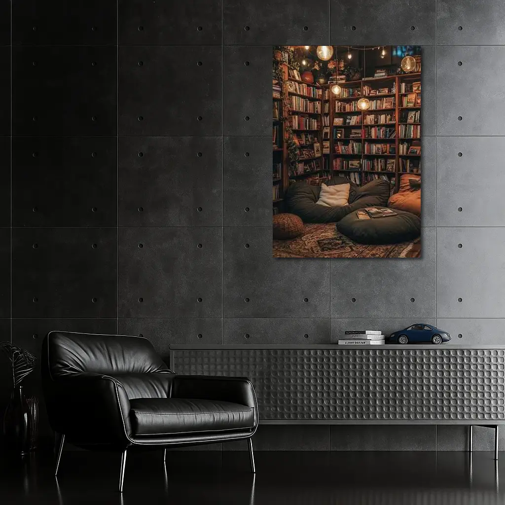 Cozy Home Library Reading Nook Warm Lights – Wall Art