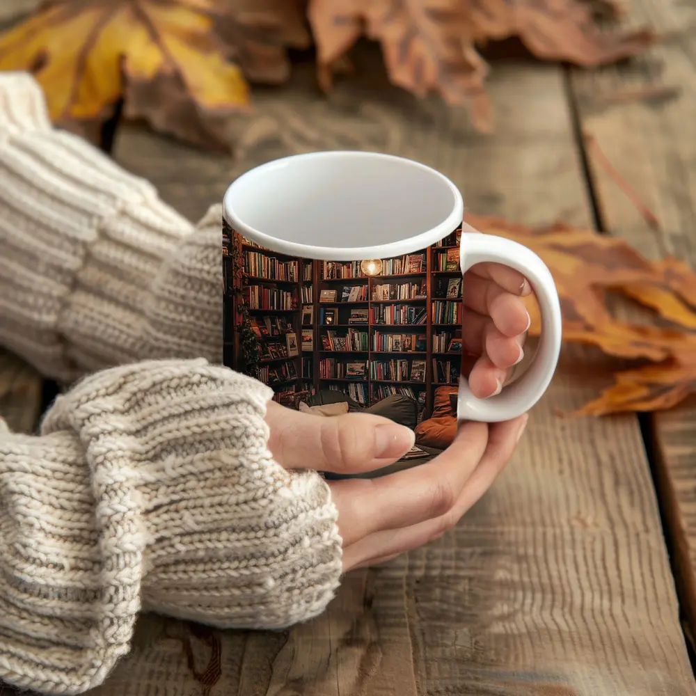 Cozy Home Library Reading Nook Warm Lights – Mugs