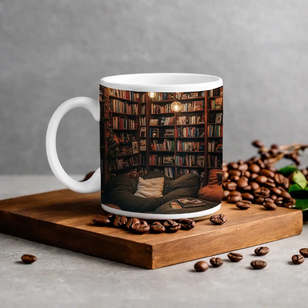 Cozy Home Library Reading Nook Warm Lights – Mugs