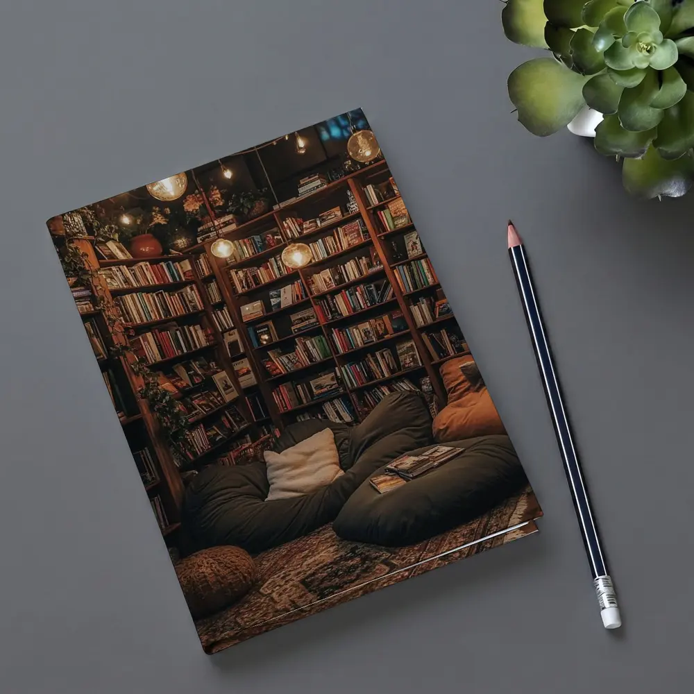 Cozy Home Library Reading Nook Warm Lights – Notebooks