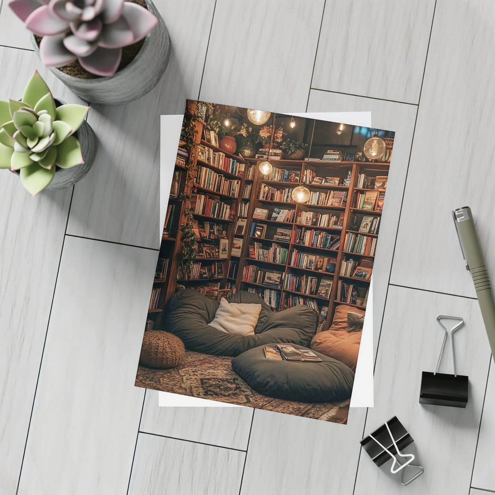 Cozy Home Library Reading Nook Warm Lights – Postcards