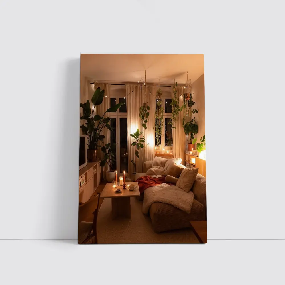 Cozy Boho Living Room Warm Candlelight Plants – Wall Art