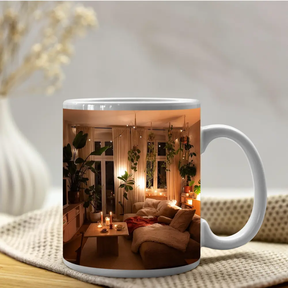 Cozy Boho Living Room Warm Candlelight Plants – Mugs