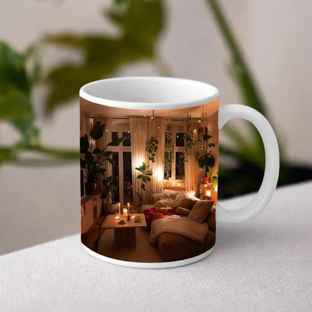Cozy Boho Living Room Warm Candlelight Plants – Mugs