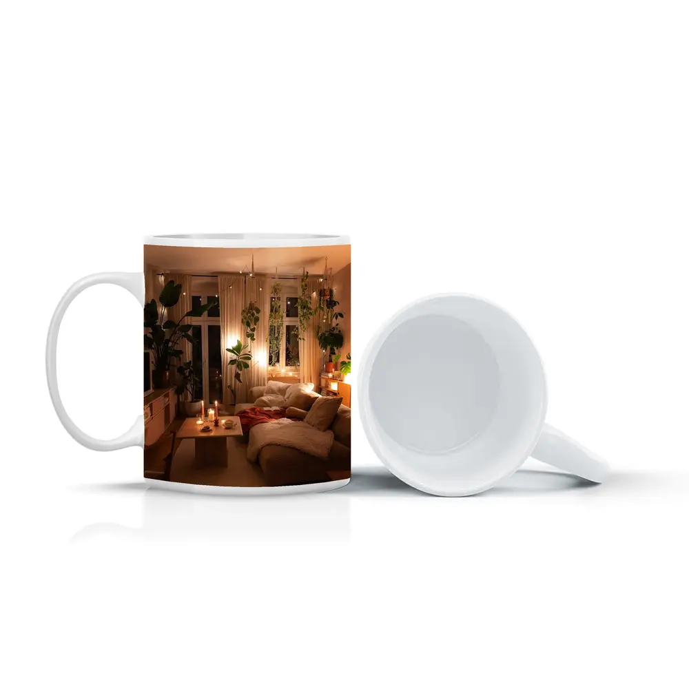 Cozy Boho Living Room Warm Candlelight Plants – Mugs