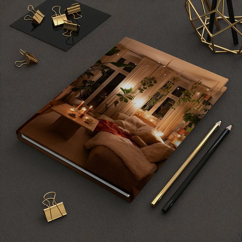 Cozy Boho Living Room Warm Candlelight Plants – Notebooks
