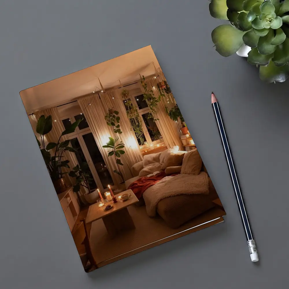 Cozy Boho Living Room Warm Candlelight Plants – Notebooks