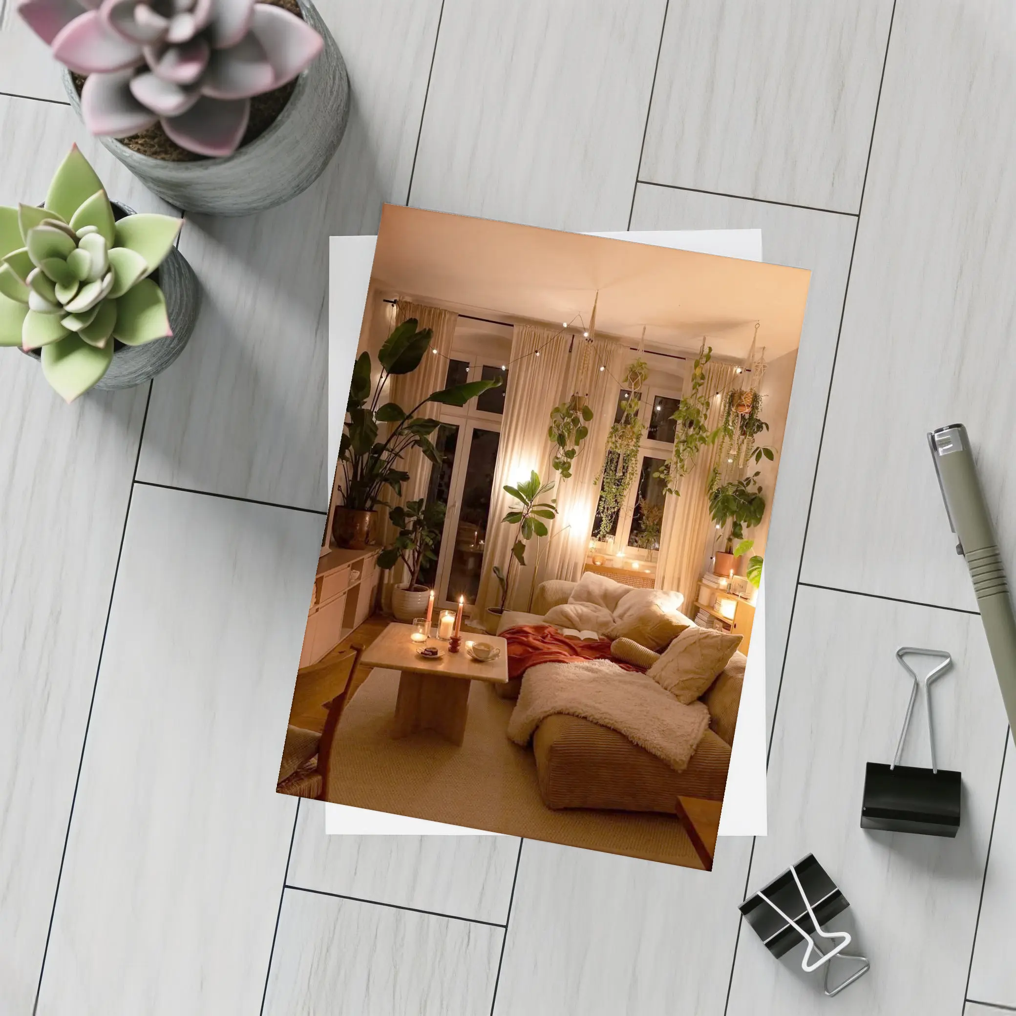 Cozy Boho Living Room Warm Candlelight Plants – Postcards