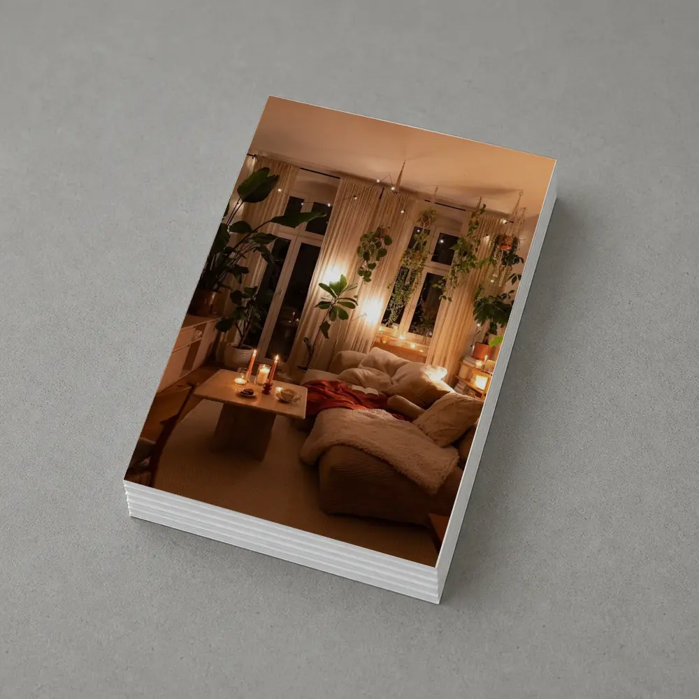 Cozy Boho Living Room Warm Candlelight Plants – Postcards