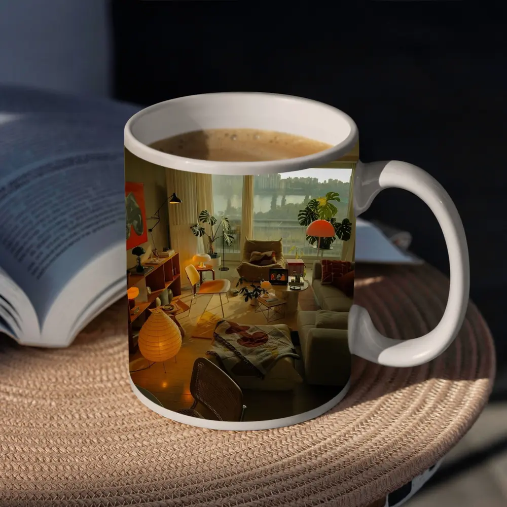 Retro Living Room Warm Evening City View – Mugs