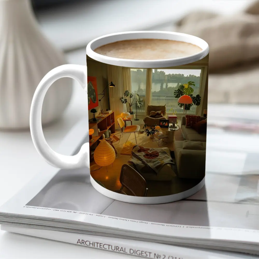 Retro Living Room Warm Evening City View – Mugs