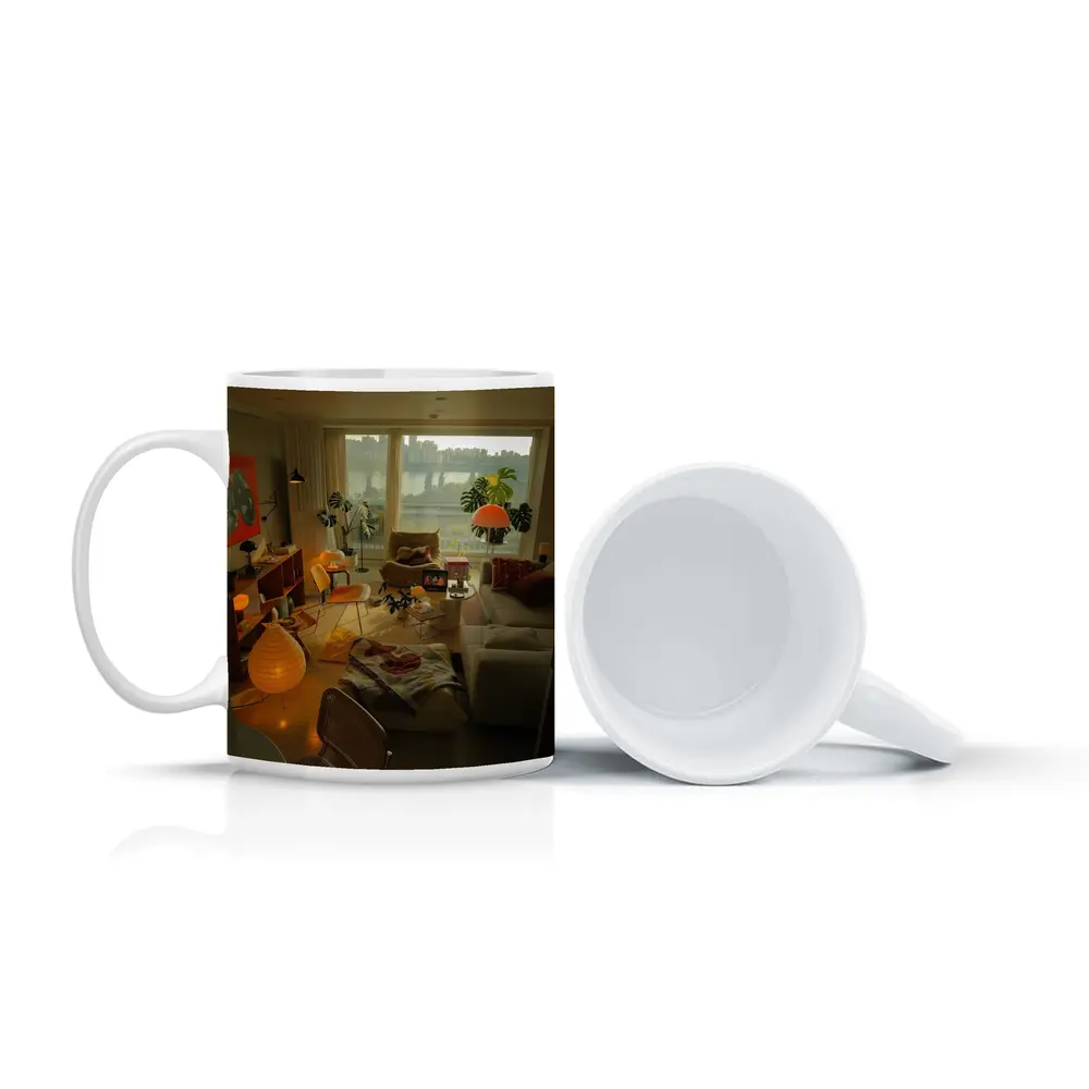 Retro Living Room Warm Evening City View – Mugs