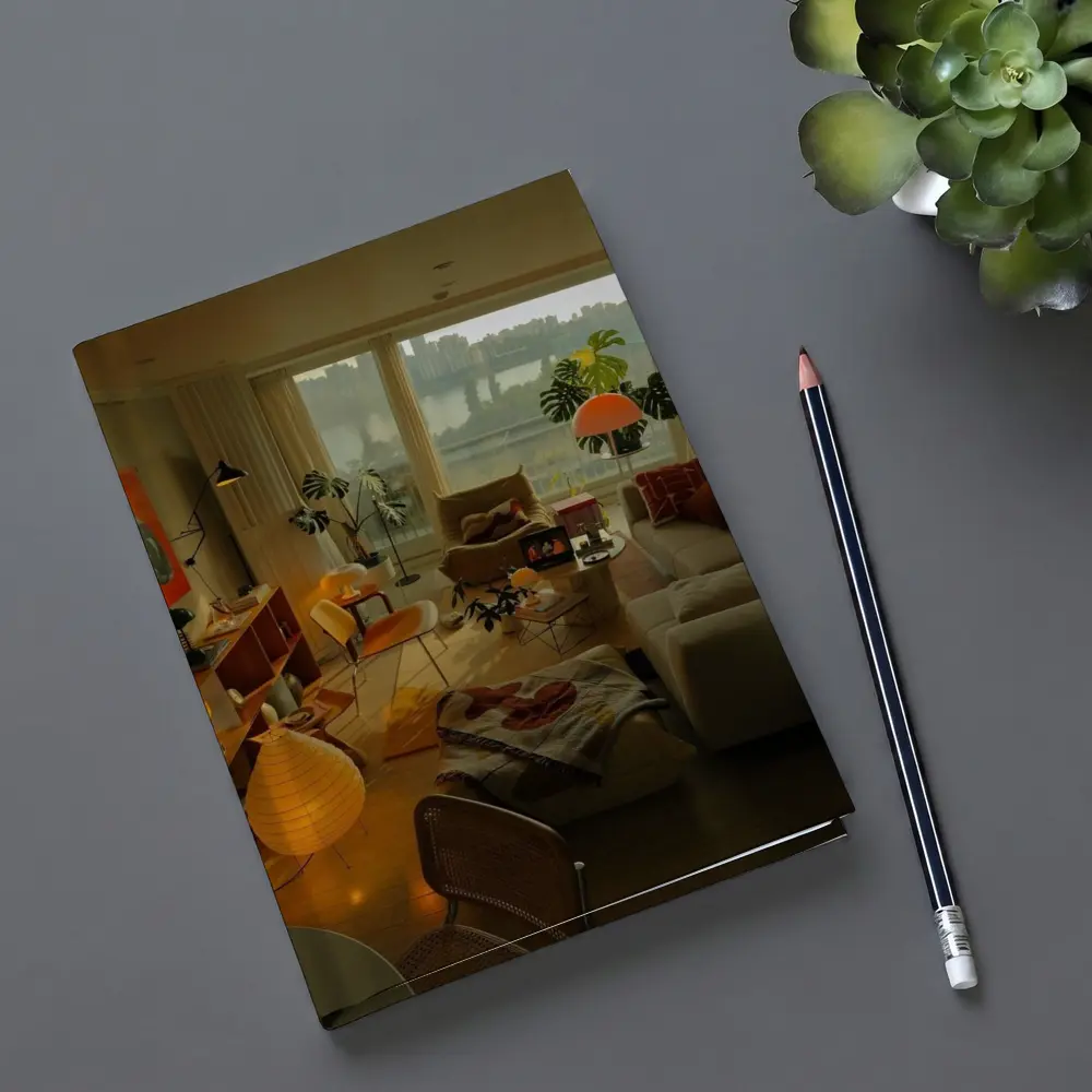 Retro Living Room Warm Evening City View – Notebooks