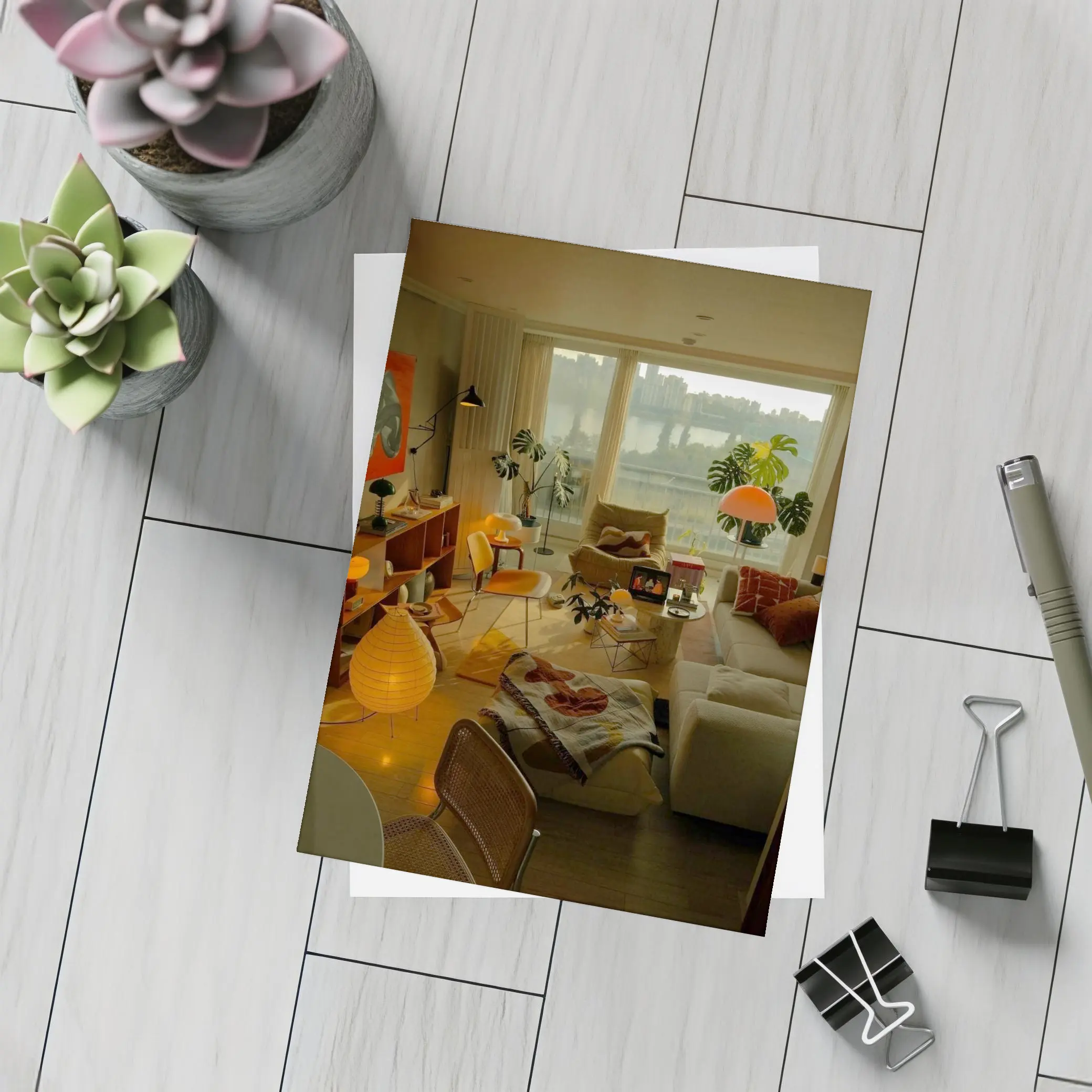 Retro Living Room Warm Evening City View – Postcards