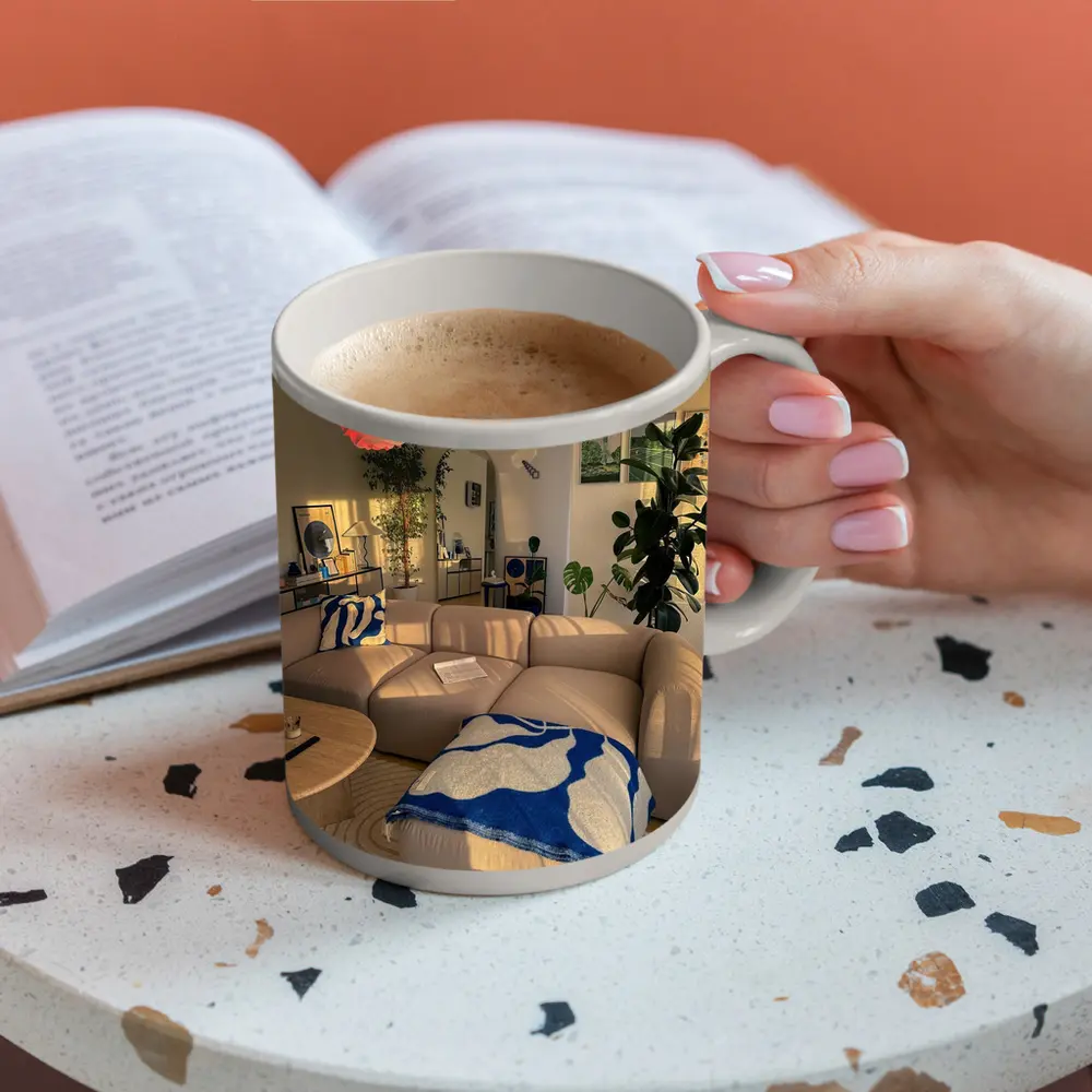 Cozy Modern Living Room Blue Accents – Mugs