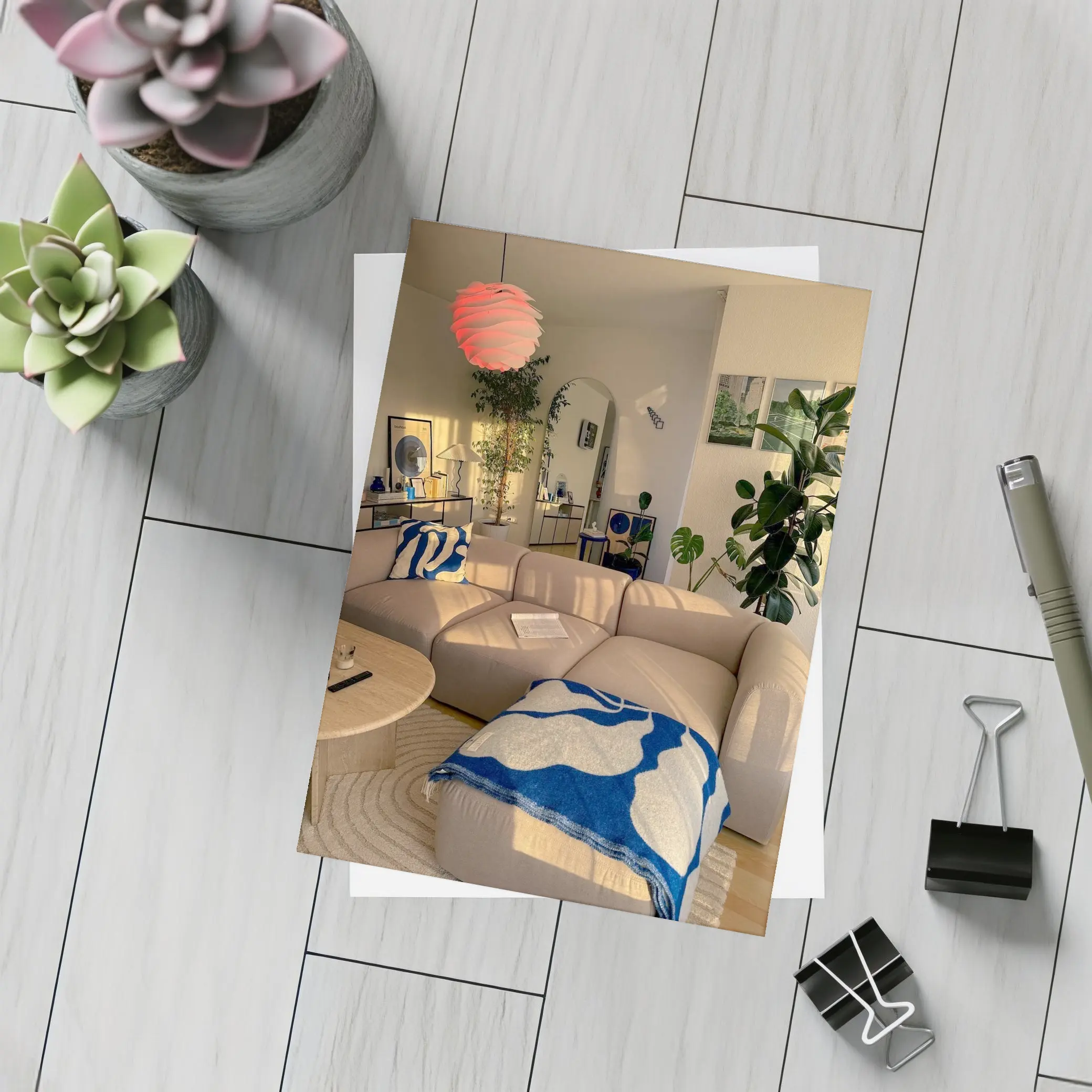 Cozy Modern Living Room Blue Accents – Postcards