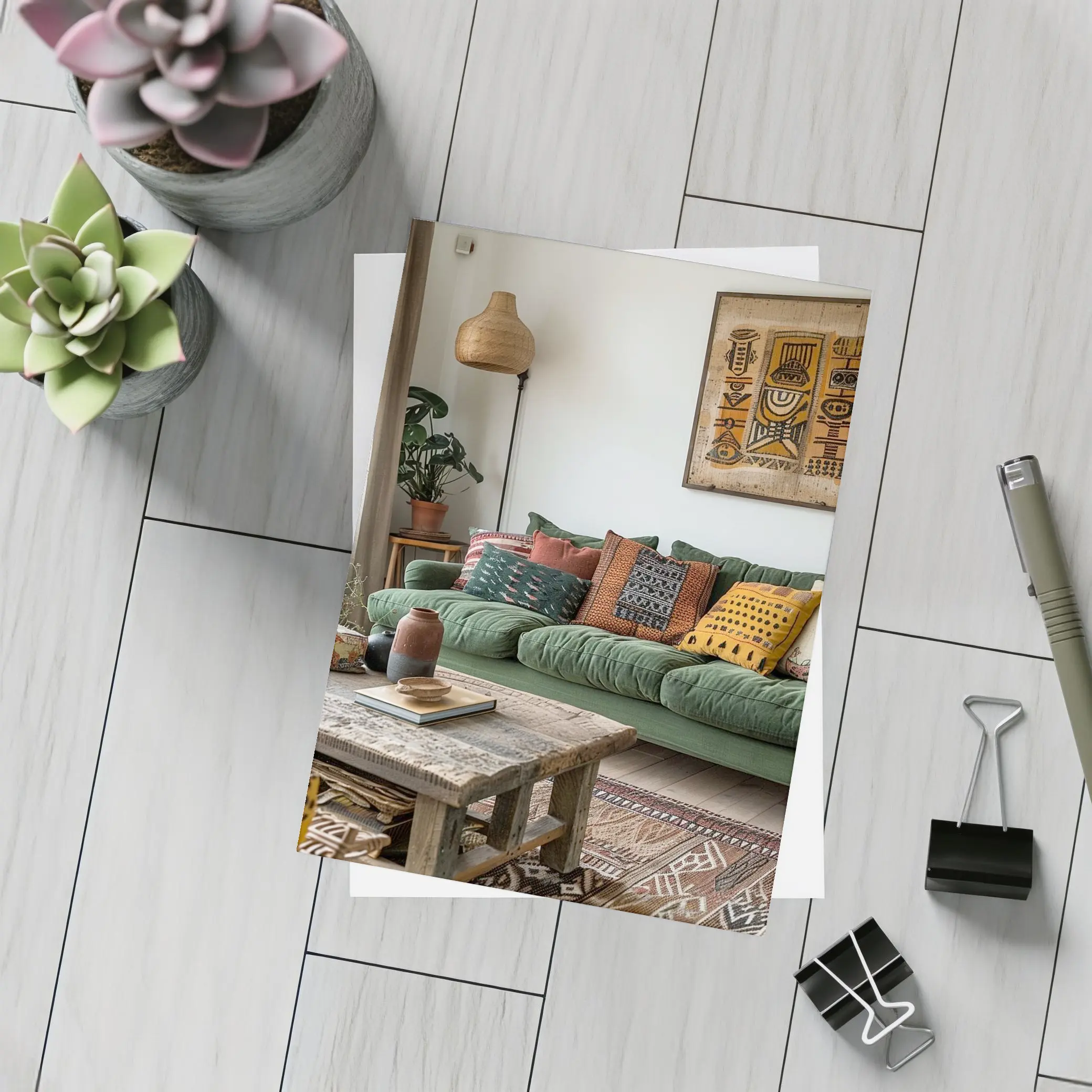 Boho Living Room Green Sofa Tribal Art – Postcards