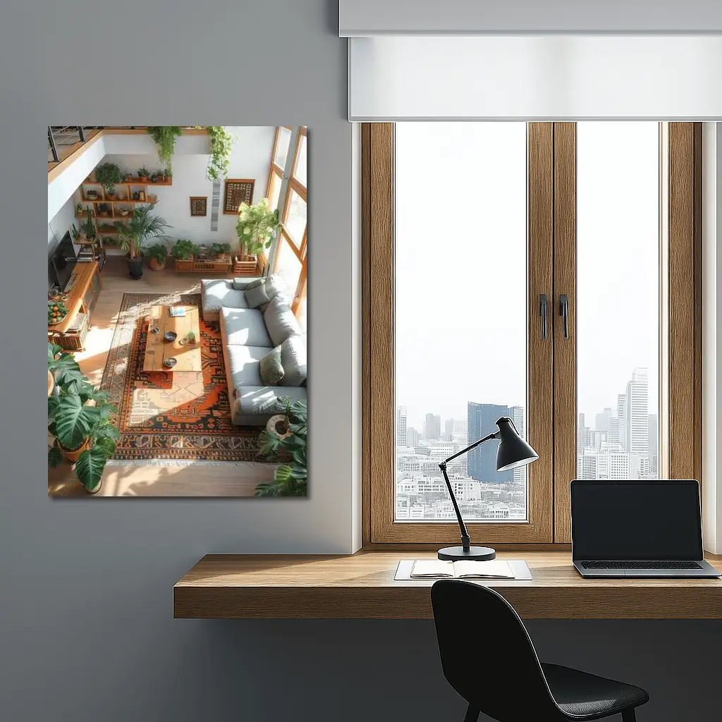 Boho Living Room With Plants Aerial View – Wall Art