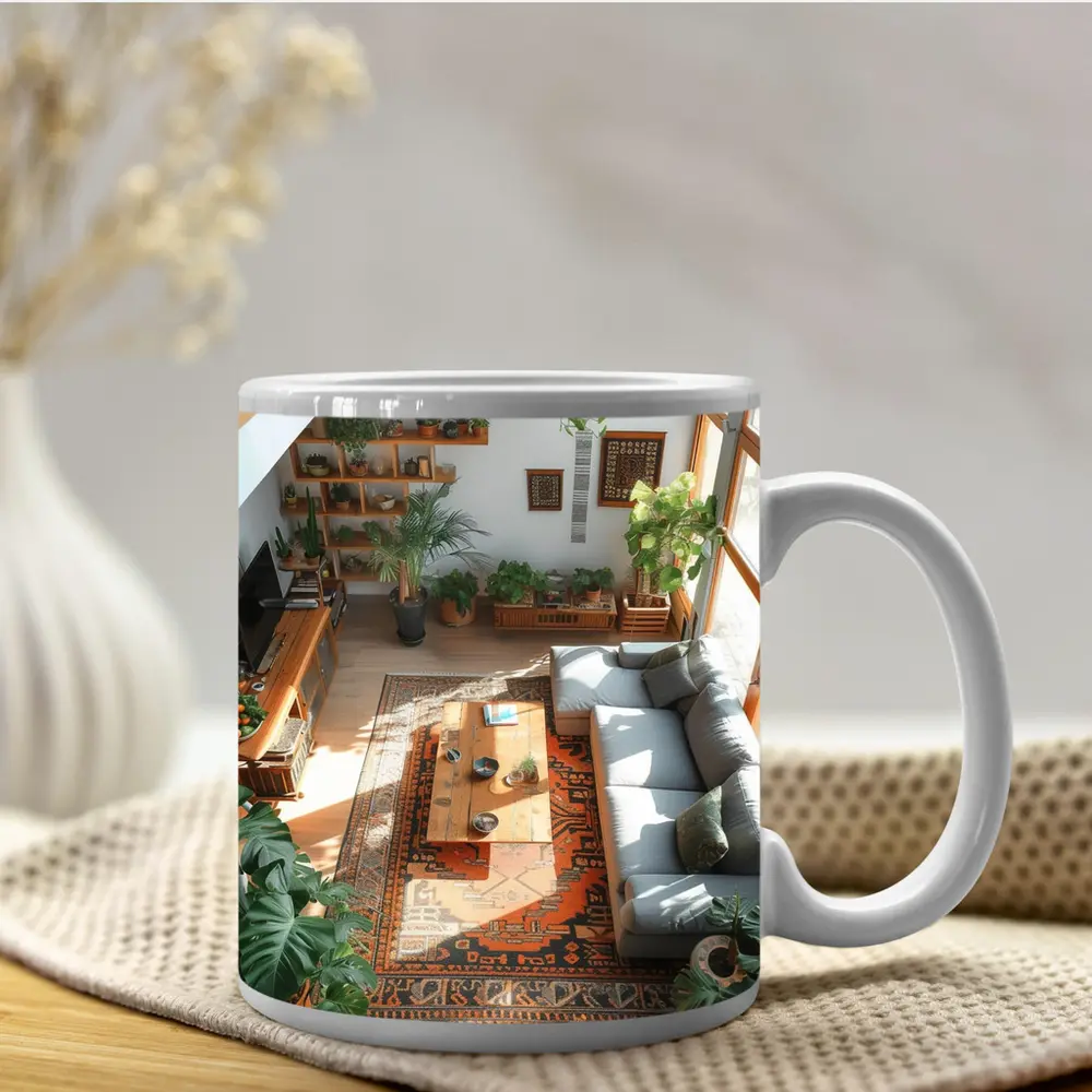 Boho Living Room With Plants Aerial View – Mugs