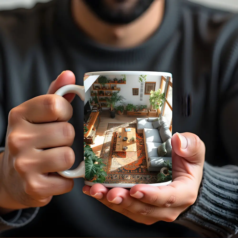 Boho Living Room With Plants Aerial View – Mugs