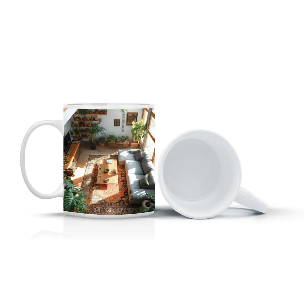 Boho Living Room With Plants Aerial View – Mugs